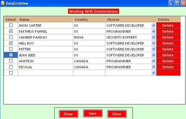 Working With Datagridview CheckBox Combobox and Button Column